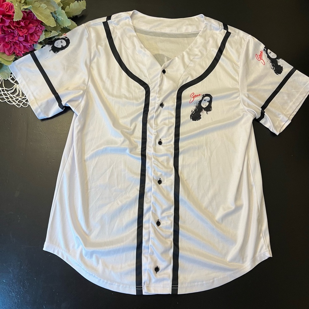 Selena White Black Baseball Jersey Style Button Down Shirt Men’s Sz Medium